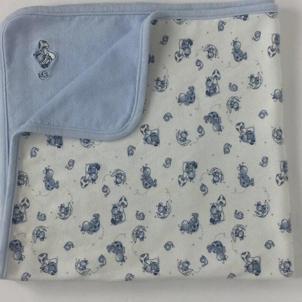 Laura Ashley‎ Blue White Bug Mushroom Snail Baby Blanket Receiving Cotton Knit